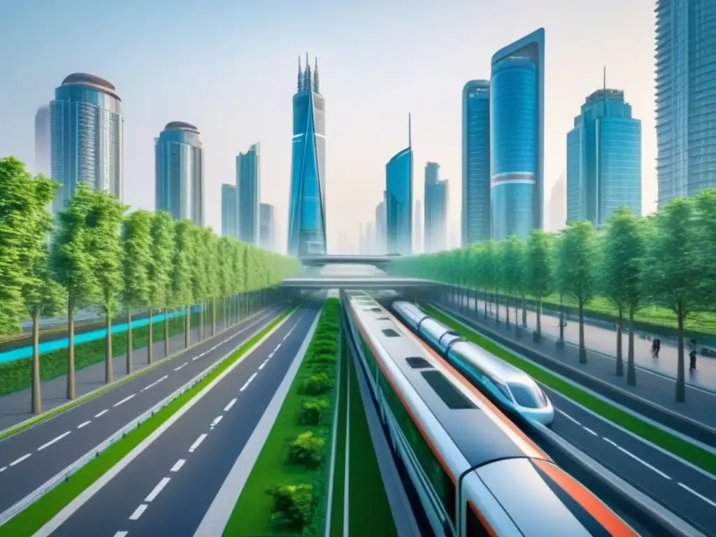 Ciudad futurista: Skyscrapers y naturaleza en armonía Una ciudad futurista con rascacielos, parques verdes y planificación urbana innovadora