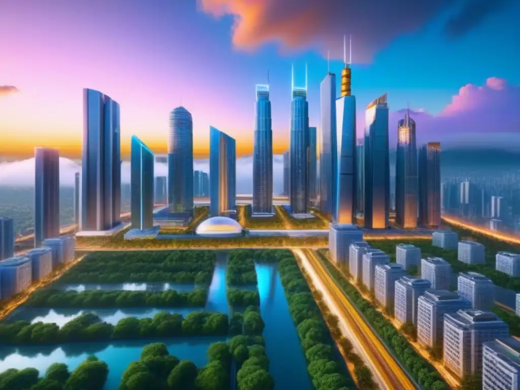 Metrópolis futurista: luces doradas, naturaleza y tecnología Una ciudad futurista con rascacielos reflejando la puesta de sol dorada, rodeados de naturaleza