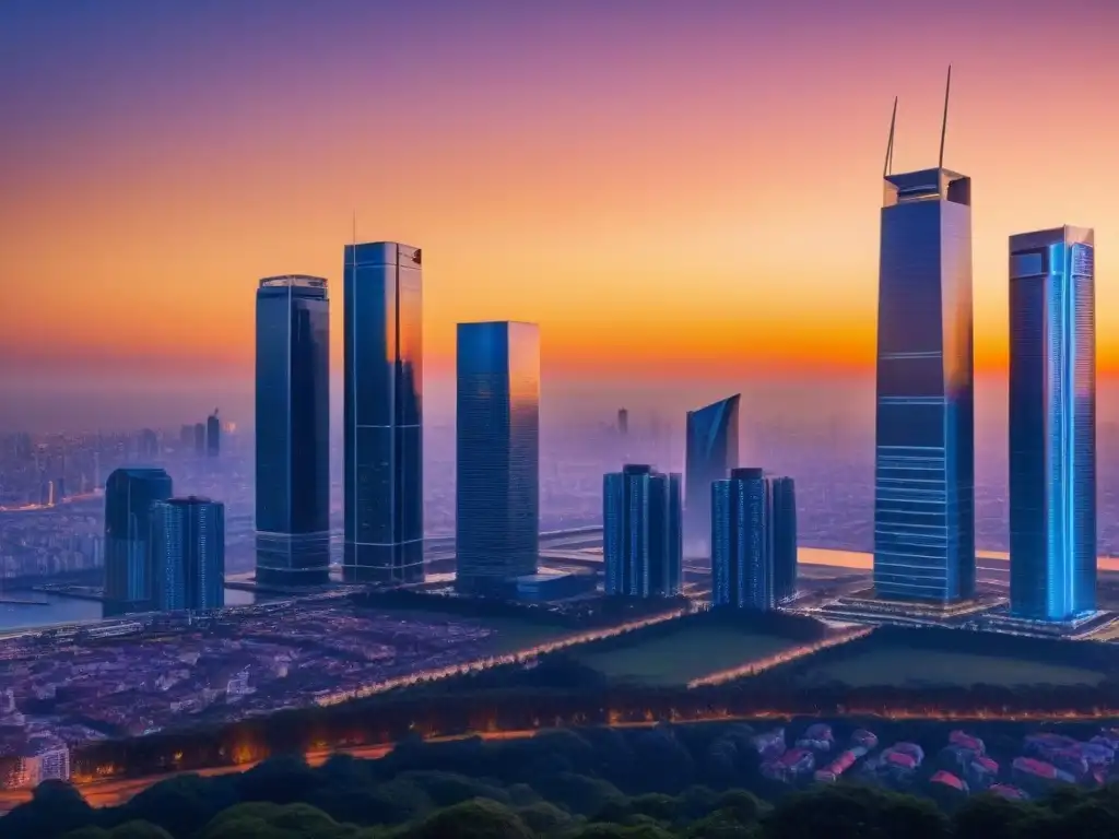 Horizonte futurista: nanotecnología en arquitectura urbana al atardecer Una ciudad futurista al anochecer con rascacielos relucientes y redes de nanotecnología