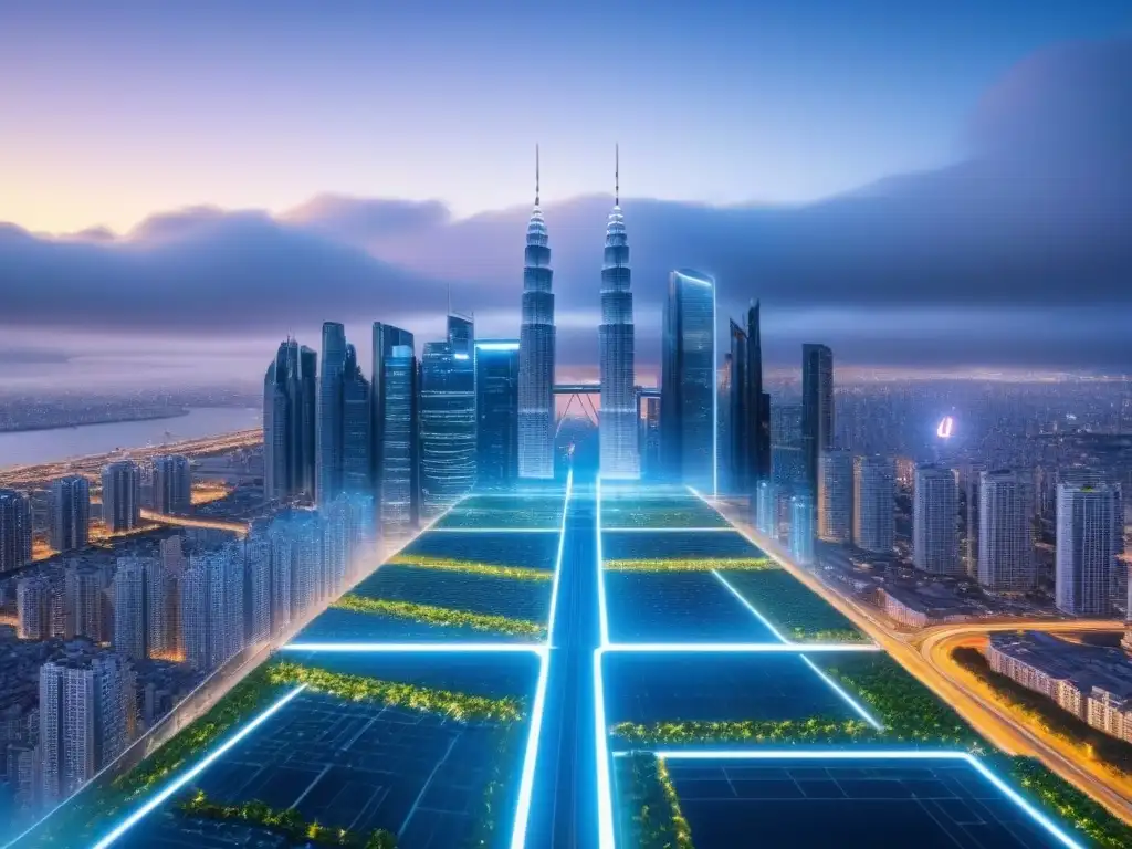 Metrópolis futurista: predicciones de inversiones inmobiliarias Una ciudad futurista con rascacielos relucientes y redes de datos, simbolizando la relación entre modelos predictivos y tasas de interés inmobiliarias