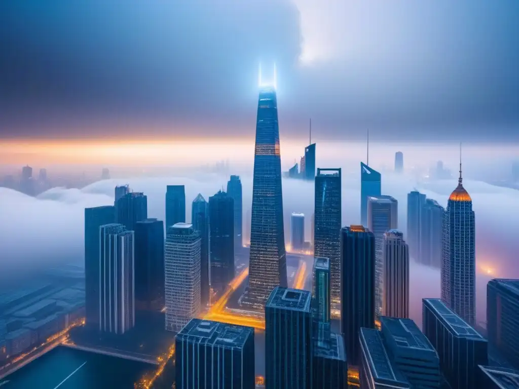 Desafíos inmobiliarios en la deflación: estrategias futuristas Una ciudad futurista con rascacielos rodeados de densa niebla, reflejando los riesgos de la deflación en inversiones inmobiliarias