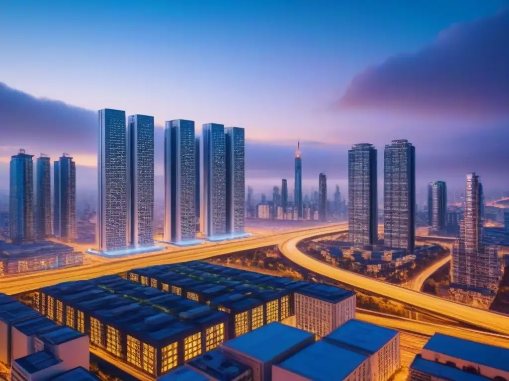 Metrópolis futurista: IA en la arquitectura urbana Una ciudad futurista al anochecer, con rascacielos y sistemas de transporte avanzados