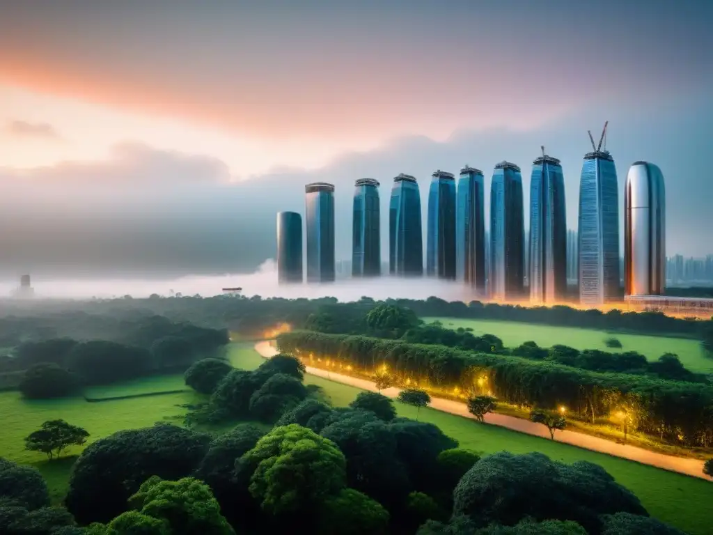 Metrópolis futurista: armonía entre desarrollo urbano y conservación ambiental Una ciudad futurista con rascacielos sostenibles integrando espacios verdes y energías renovables, mostrando la armonía entre desarrollo urbano y conservación ambiental