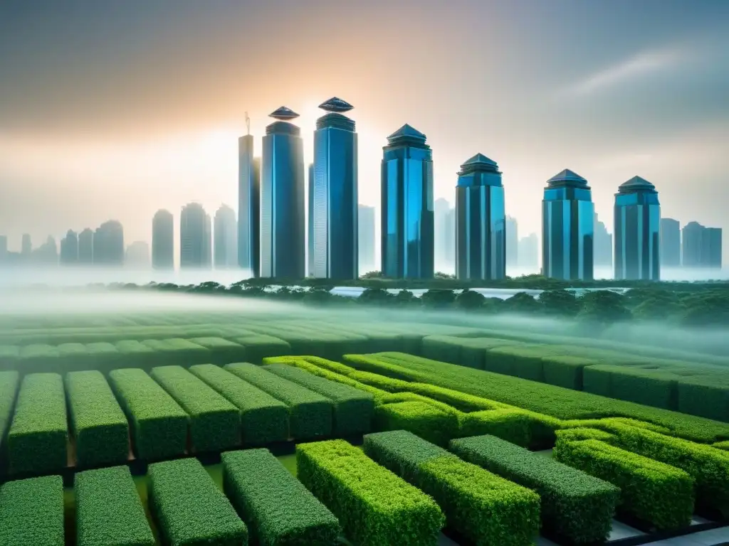 Metrópolis futurista: rascacielos sostenibles en armonía con la naturaleza Una ciudad futurista con rascacielos sostenibles frente a exuberante vegetación, uniendo desarrollo urbano y conservación ambiental