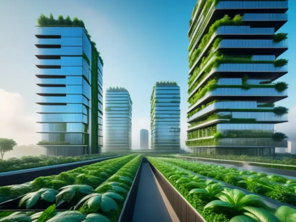 Metrópolis futurista sostenible: arquitectura verde avanzada Una ciudad futurista con rascacielos sostenibles y espacios verdes, mostrando avanzadas estrategias de construcción para reducir residuos