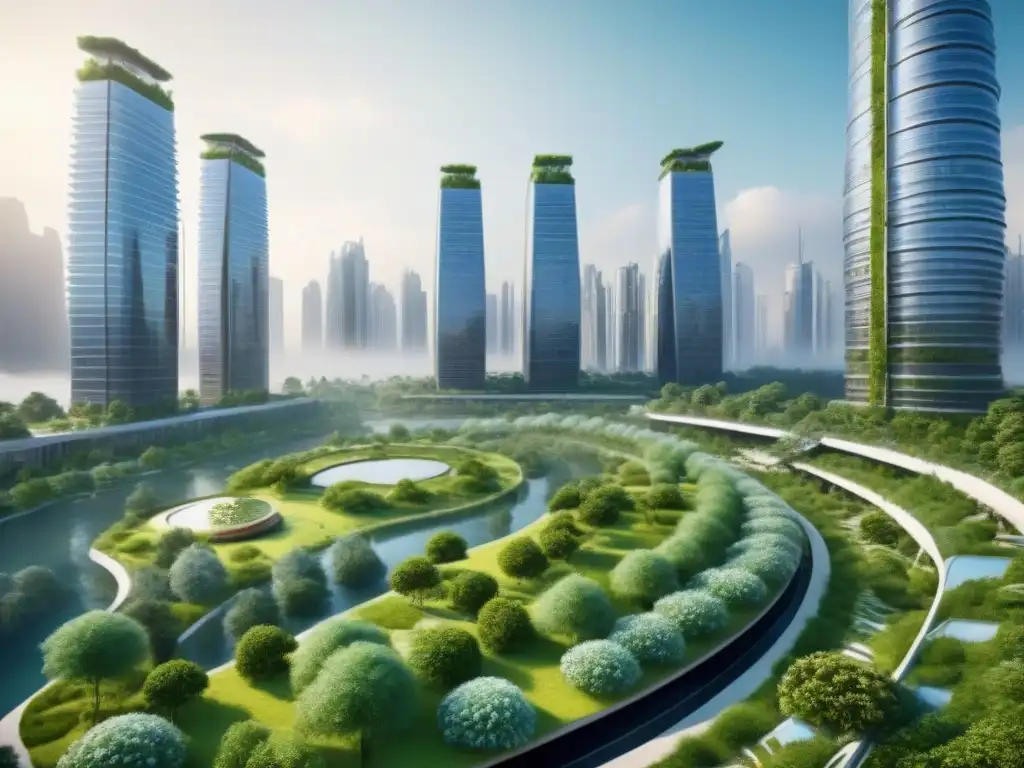 Metrópolis futurista: armonía entre desarrollo urbano y naturaleza Una ciudad futurista con rascacielos sostenibles integrados con espacios verdes, mostrando la armonía entre desarrollo urbano y naturaleza