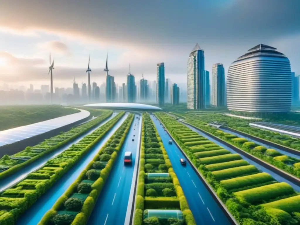 Metrópolis futurista: rascacielos sostenibles y movilidad eléctrica Una ciudad futurista con rascacielos sostenibles rodeados de naturaleza y energía limpia