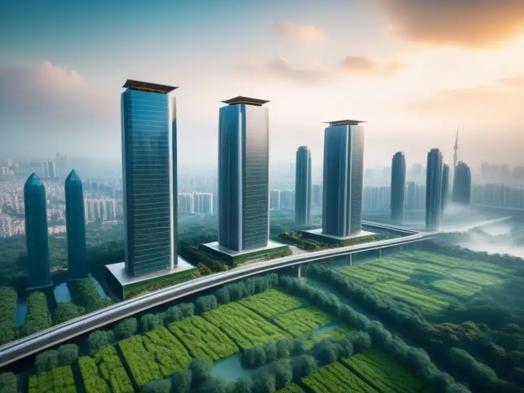 Metrópolis sostenible: armonía entre urbanismo y conservación Una ciudad futurista con rascacielos sostenibles y naturaleza abundante, simbolizando el equilibrio entre inversión inmobiliaria y regulaciones de conservación