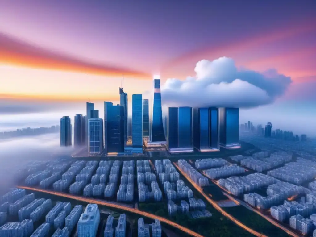 Metropolis futurista: AI en decisiones financieras equitativas Una ciudad futurista con rascacielos y tecnología AI integrada, donde profesionales divers@s deciden sobre hipotecas