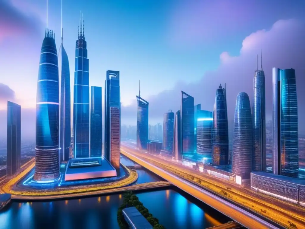 Metrópolis futurista: innovación y progreso tecnológico en REITs Una ciudad futurista con rascacielos tecnológicos y drones