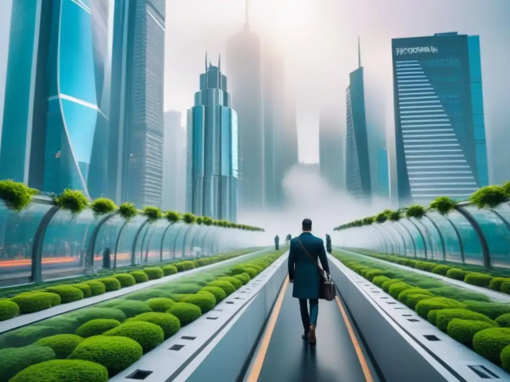 Metrópolis futurista: arquitectura transparente y eficiente Ciudad futurista con rascacielos transparentes y avanzada tecnología, reflejando avances legales en el mercado inmobiliario