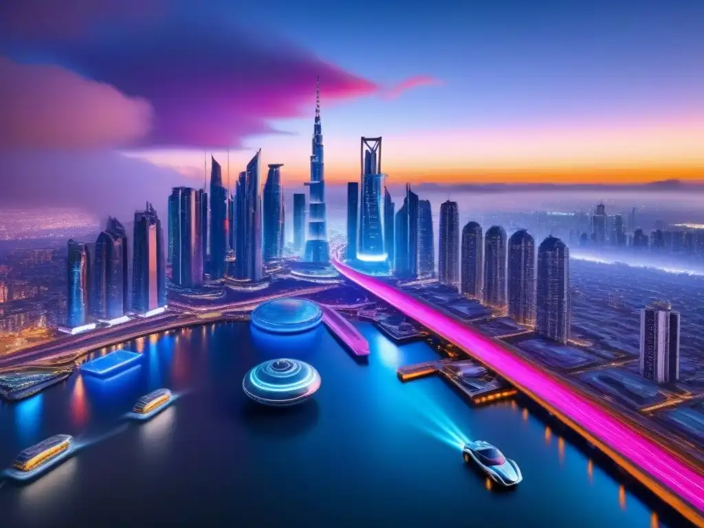 Metrópolis del futuro: rascacielos de vidrio y luces neón Una ciudad futurista con rascacielos de vidrio y acero, diseño arquitectónico innovador y luces de neón