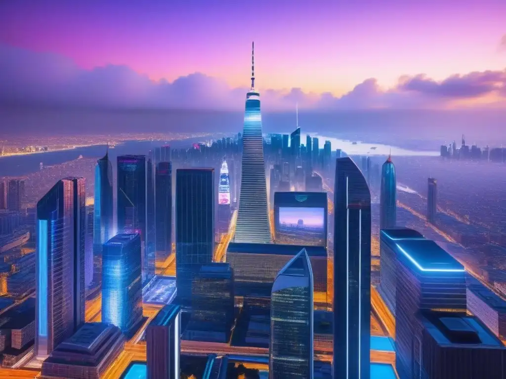 Una ciudad futurista con rascacielos de vidrio y acero, luces neón y tecnología avanzada