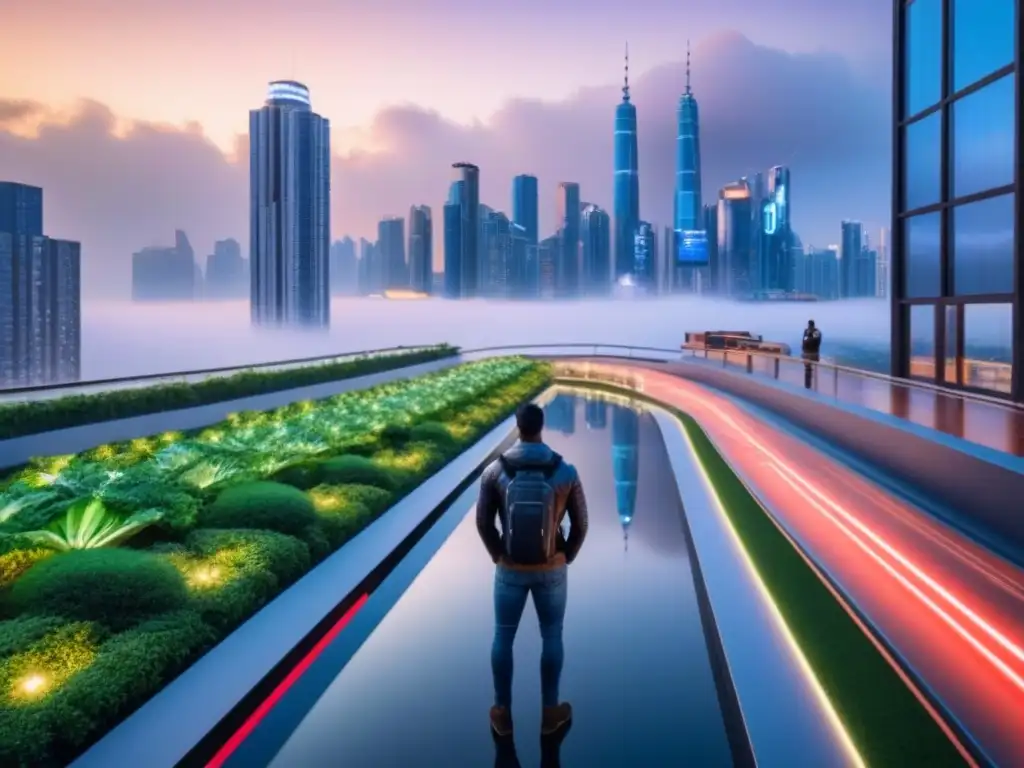 Metrópolis futurista: rascacielos y tecnología verde en 8k Una ciudad futurista con rascacielos de vidrio y tecnología avanzada, iluminada por luces de neón
