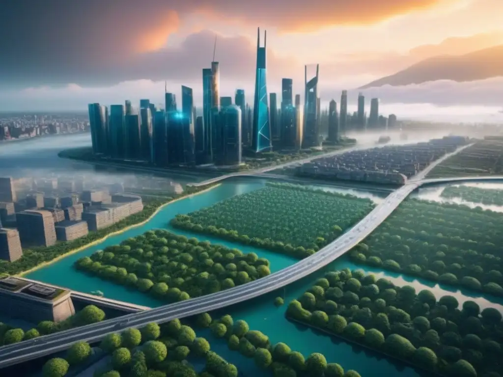 Metrópolis futurista resistente a desastres naturales Una ciudad futurista y resistente a desastres naturales, promoviendo la conservación del patrimonio en zonas de riesgo