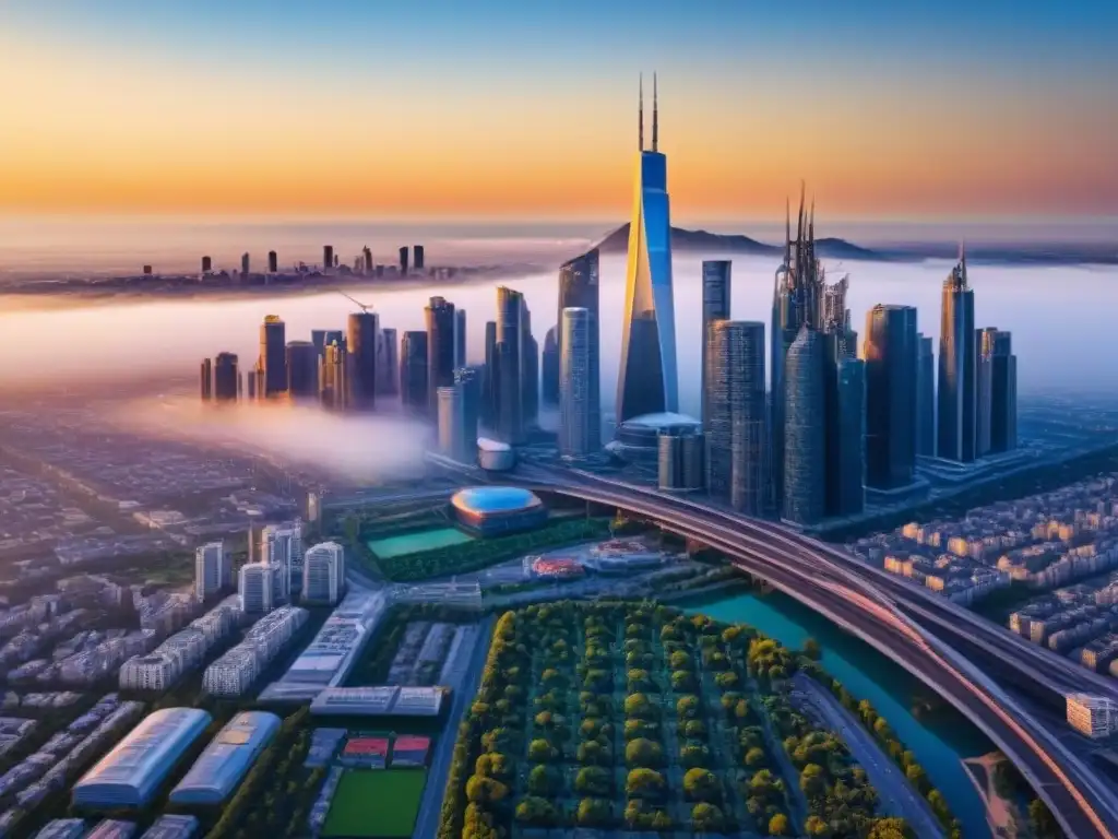 Horizonte urbano futurista: revitalización infraestructura global Una ciudad futurista con restauraciones exitosas infraestructuras a nivel global, iluminada por el cálido atardecer