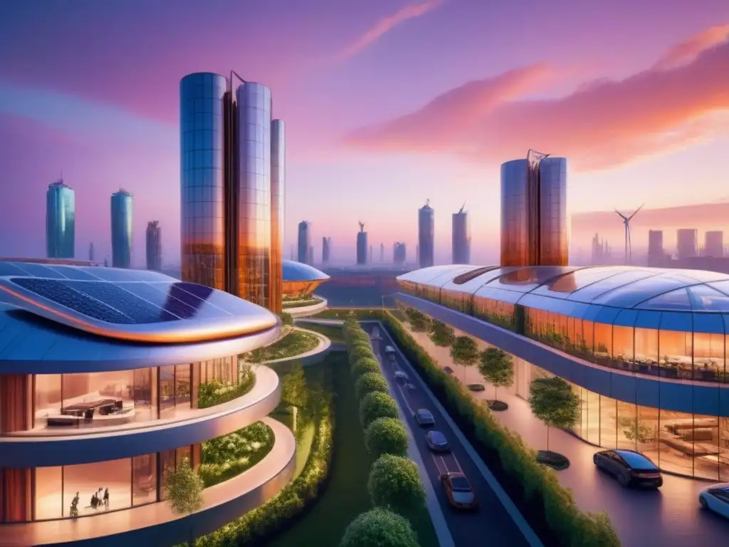 Metrópolis sostenible del futuro al atardecer Una ciudad futurista sostenible al atardecer con certificaciones verdes mercado inmobiliario