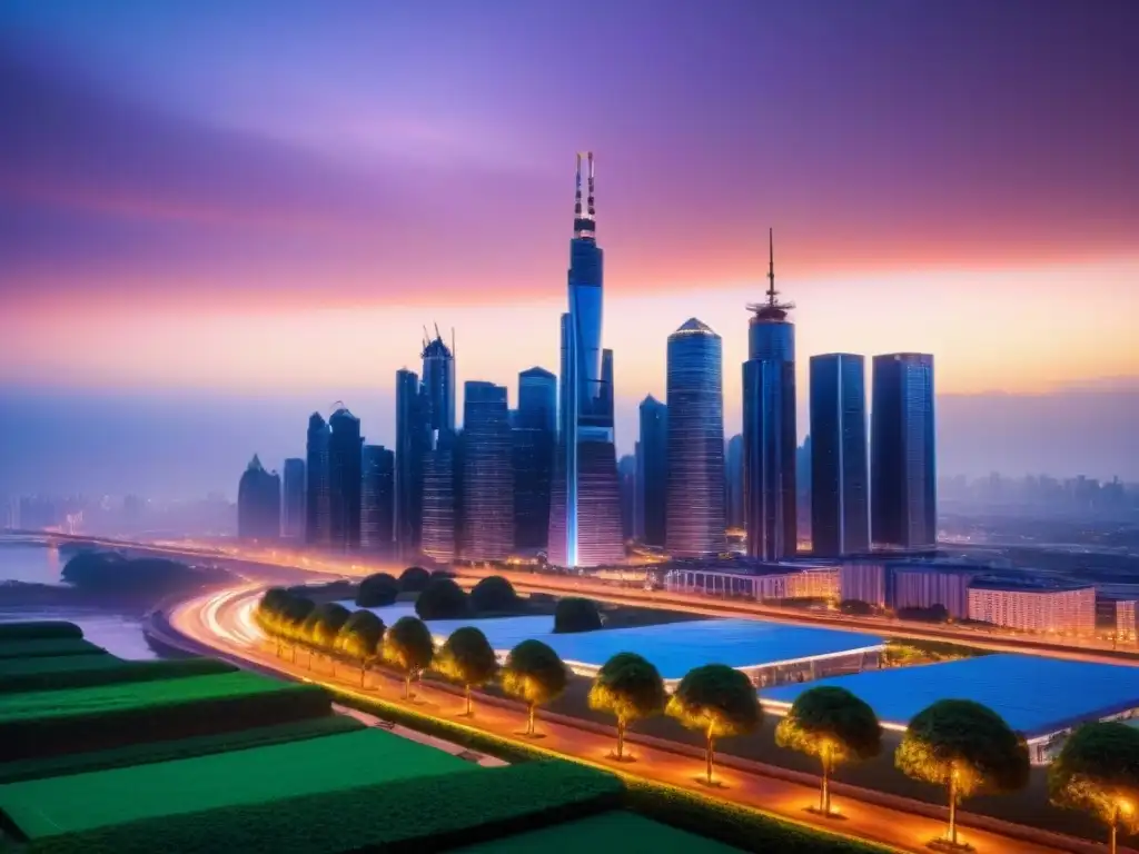 Horizonte urbano futurista sostenible al atardecer Una ciudad futurista sostenible al anochecer, con edificios inteligentes integrando tecnología verde