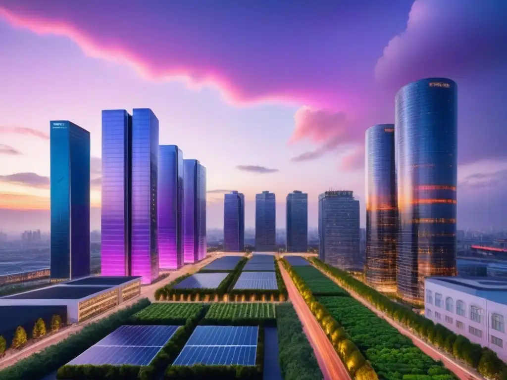 Metrópolis sostenible del futuro al anochecer Una ciudad futurista sostenible al anochecer con rascacielos verdes e integrados con energía renovable