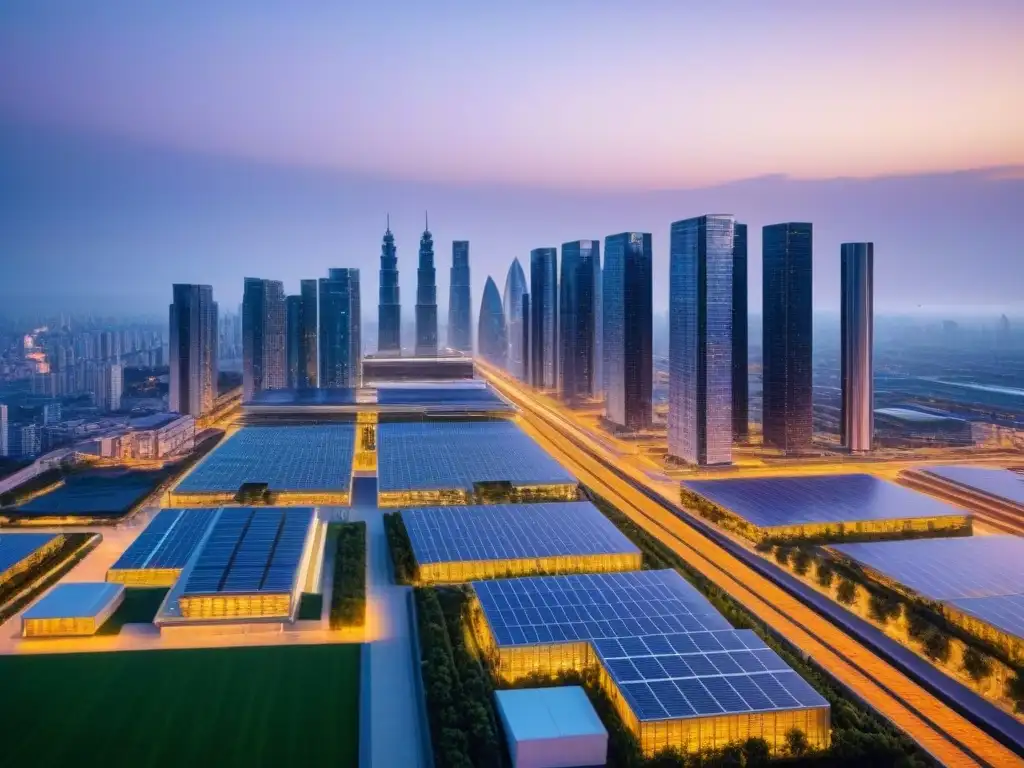 Metrópolis futurista sostenible al atardecer Una ciudad futurista sostenible al anochecer con Soluciones sostenibles movilidad urbana