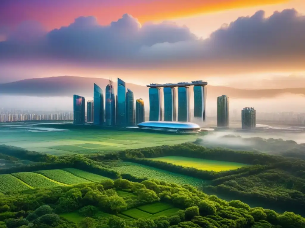 Metrópolis sostenible: paisaje ecofuturista al atardecer Una ciudad futurista sostenible con tecnología en inversiones sostenibles inmobiliarias, iluminada por una vibrante puesta de sol dorada