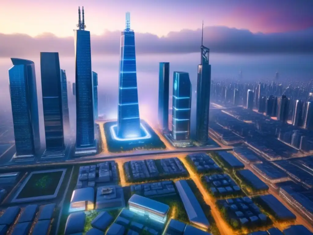 Metrópolis futurista: tecnologías de preservación avanzada en acción Una ciudad futurista al anochecer, con tecnología de preservación de infraestructuras en acción