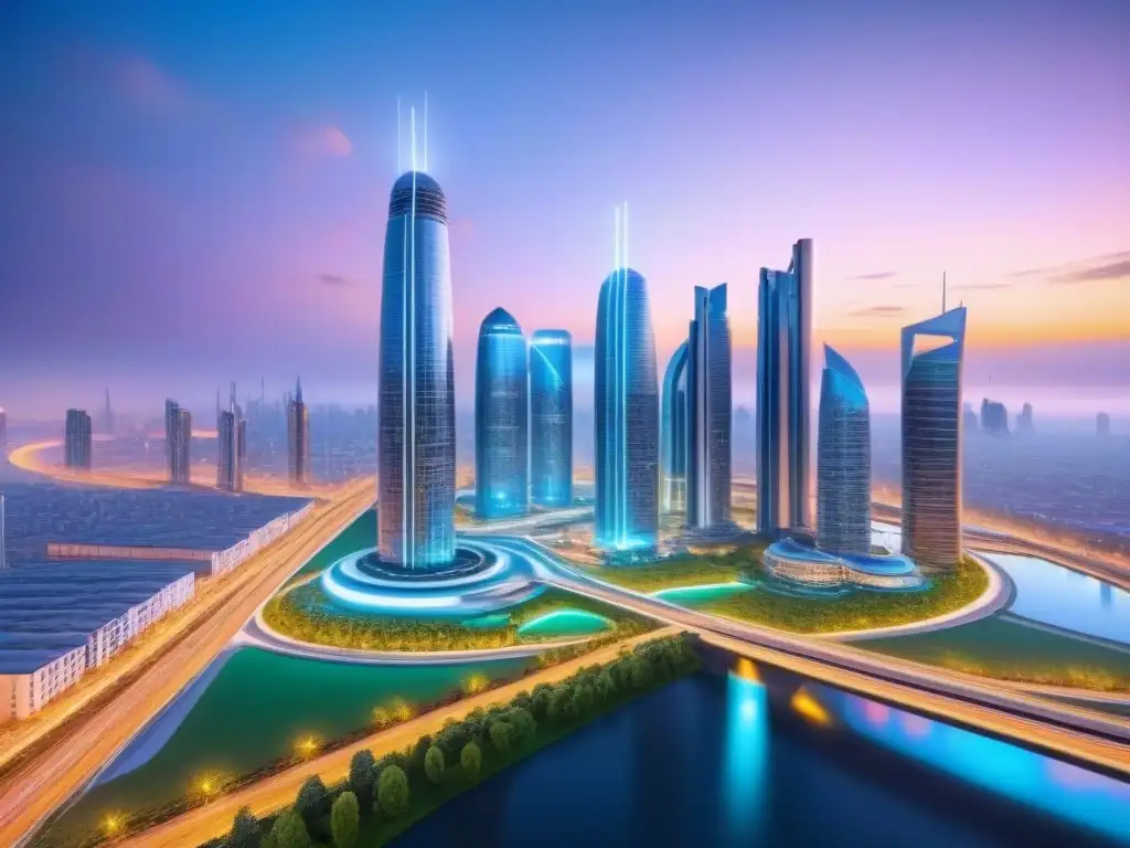 Horizonte futurista: ciudad inteligente y sostenible al anochecer Una ciudad futurista con automatización y tecnología integrada