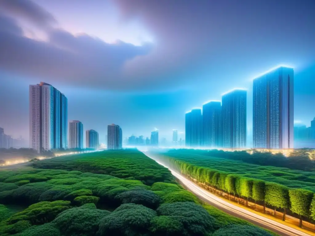 Cityscape futurista con tecnología ambiental avanzada y sostenible Una ciudad futurista donde tecnología y naturaleza conviven en armonía, resaltando la Identificación de riesgos ambientales inmobiliarios