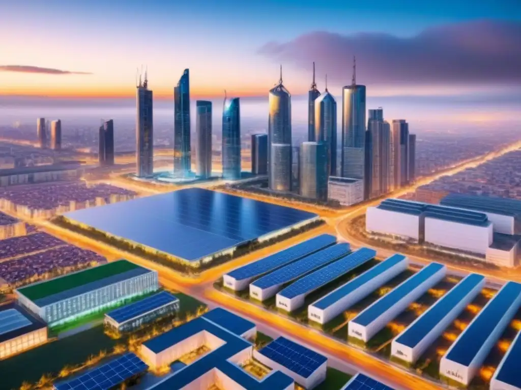 Skyline futurista integrando tecnología en el mercado inmobiliario español Una ciudad futurista con tecnologías emergentes integradas, simbolizando el impacto en el mercado inmobiliario español