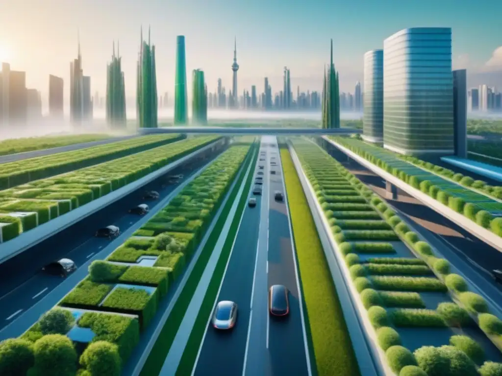 Metrópolis verde: arquitectura sostenible y movilidad ecológica Una ciudad futurista verde con movilidad verde, arquitectura sostenible y naturaleza exuberante