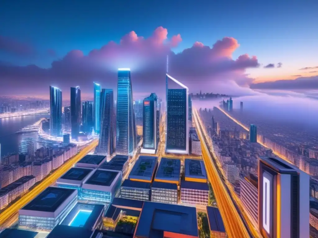 Una ciudad futurista y vibrante de noche, con rascacielos iluminados y drones entregando paquetes en el cielo