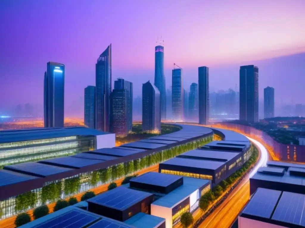 Horizonte futurista: ciudad sostenible y vibrante al anochecer Una ciudad futurista y vibrante al anochecer, con rascacielos sostenibles y espacios verdes integrados