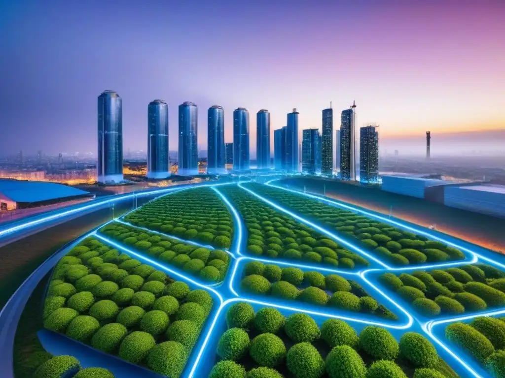 Metrópolis futurista: luces LED, jardines verticales y autos eléctricos Una ciudad futurista y vibrante al anochecer con rascacielos iluminados con luces LED eficientes, jardines verticales y autos eléctricos