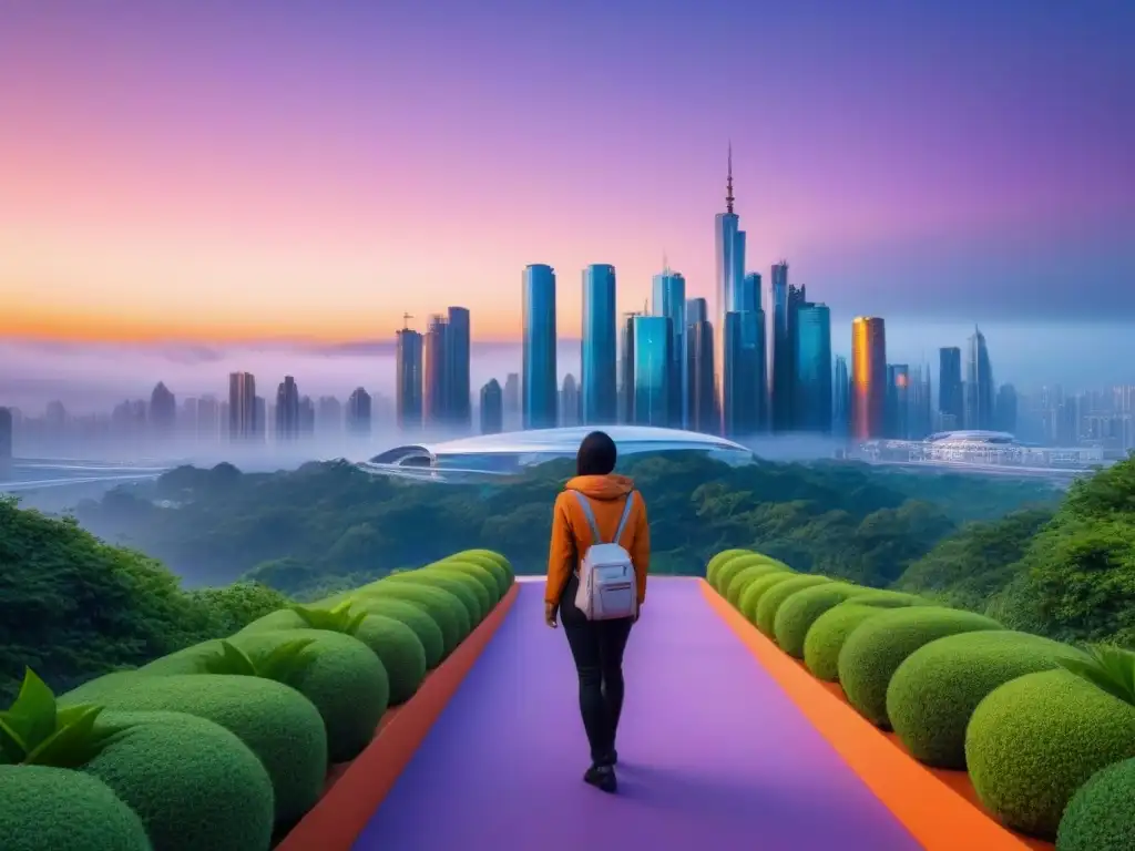 Armonía entre arquitectura moderna y naturaleza al anochecer Una ciudad futurista vibrante con rascacielos elegantes y exuberante vegetación, reflejando un equilibrio armonioso entre arquitectura moderna y naturaleza al anochecer