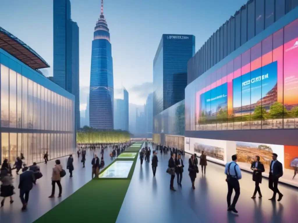 Metrópolis futurista: ciudad vibrante con interacción digital y espacios verdes integrados Una ciudad futurista y vibrante al anochecer, con rascacielos verdes y pasarelas transparentes