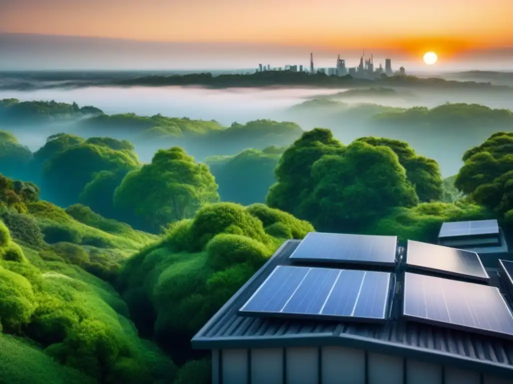 Metrópolis futurista verde: ciudad sostenible contra cambio climático La ciudad del futuro combate los efectos del cambio climático con edificios verdes y saludables