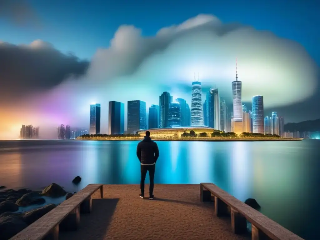 La ciudad del futuro brilla en la noche con rascacielos iluminados y reflejos en el agua