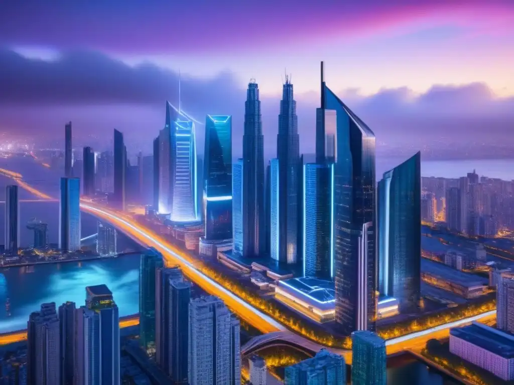 Metrópolis futurista: valuación inmobiliaria con big data La ciudad del futuro con rascacielos interconectados por datos brillantes, reflejando la valoración de propiedades con tecnologías emergentes