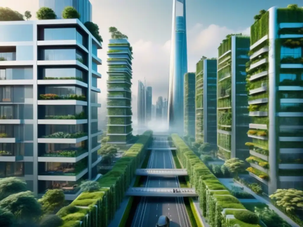 Metrópolis futurista: armonía entre urbanismo y naturaleza Una ciudad del futuro con rascacielos modernos integrados con vegetación, ejemplifica la conservación inmobiliaria