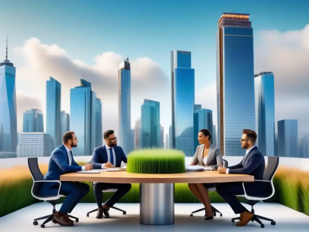 Vibrante ciudad sostenible: innovación en real estate Una ciudad llena de rascacielos modernos con regulaciones de conservación en el mercado inmobiliario