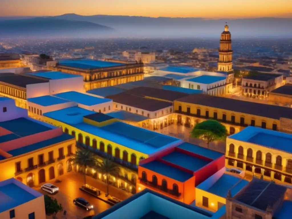Contrastes urbanos: arquitectura mexicana entre lo tradicional y lo moderno Una ciudad mexicana vibrante con arquitectura histórica y moderna refleja la psicología de compra de bienes raíces en México