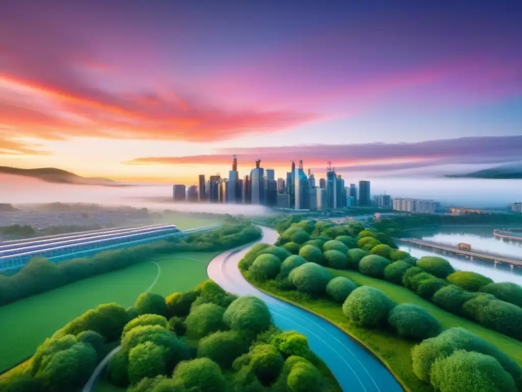 Horizonte sostenible al atardecer: naturaleza y tecnología en armonía Ciudad moderna al atardecer con inversiones en desarrollos urbanos sostenibles