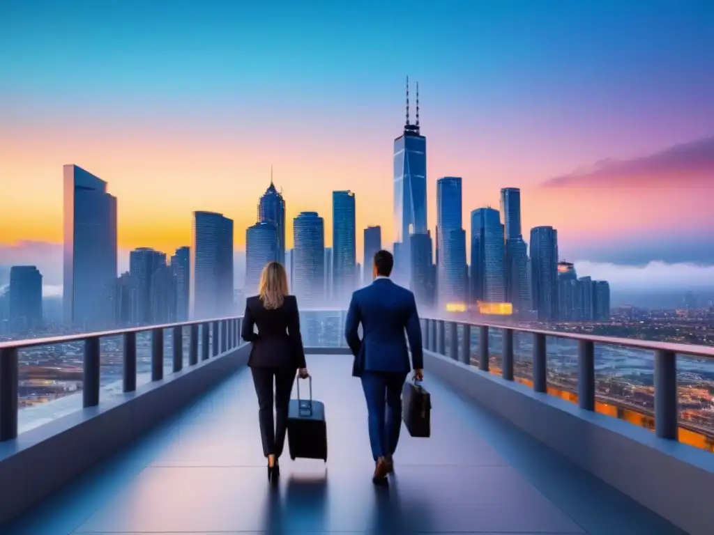 Horizonte urbano moderno al anochecer: inversión inmobiliaria avanzada La ciudad moderna al atardecer, con rascacielos iluminados en un cielo crepuscular