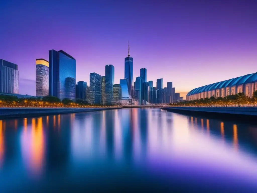 Espectacular skyline urbano al atardecer: modernidad y serenidad Una ciudad moderna al atardecer, con rascacielos iluminados reflejados en un río, transmitiendo sofisticación urbana y tranquilidad