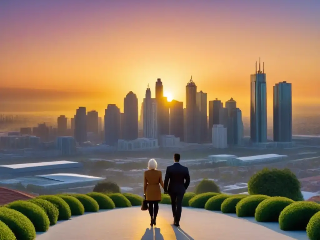 Horizonte urbano al atardecer: comunidad y equidad en la ciudad Una ciudad moderna al atardecer, con rascacielos y edificios residenciales bañados en luz dorada