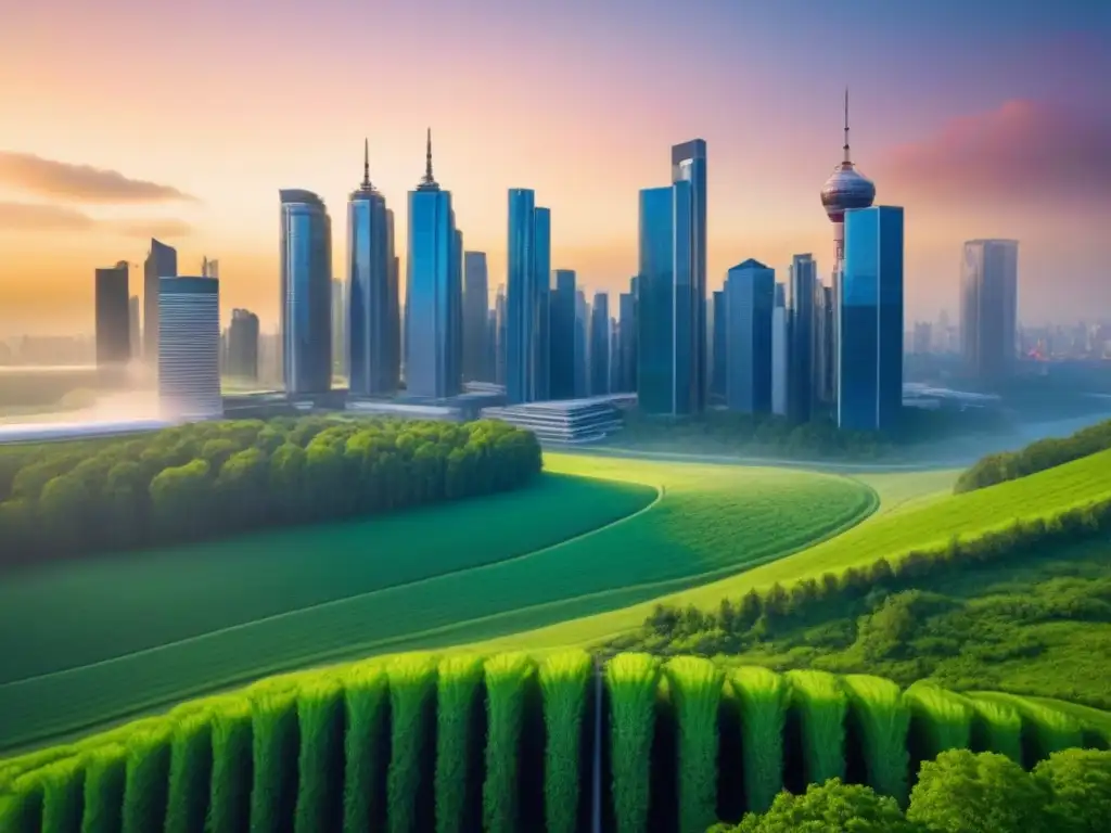 Horizonte sostenible: ciudad moderna, colaboración e innovación verde Una ciudad moderna bulliciosa bajo un vibrante atardecer, con rascacielos, espacios verdes y fuentes de energía renovable integradas