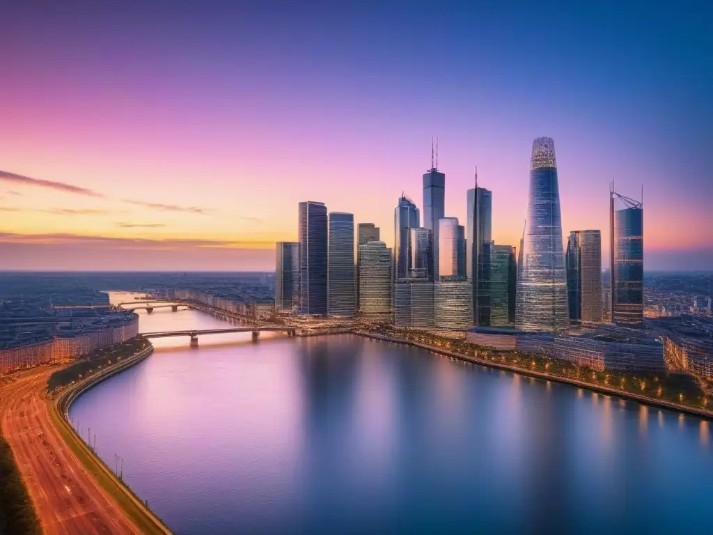 Horizonte urbano moderno al atardecer: luces vibrantes sobre río tranquilo Una ciudad moderna deslumbrante al atardecer, con rascacielos iluminados y un río sereno