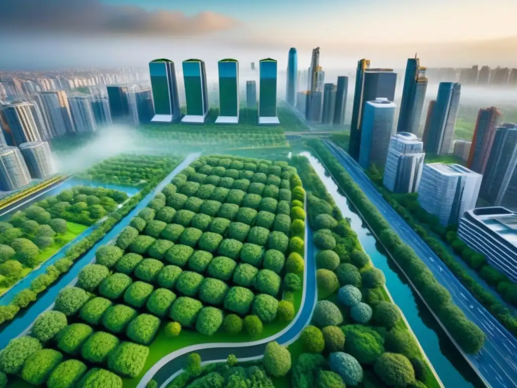 Metrópolis verde: armonía entre naturaleza e infraestructura urbana Una ciudad moderna con una integración armoniosa de infraestructura y naturaleza, destacando el financiamiento proyectos infraestructura verde