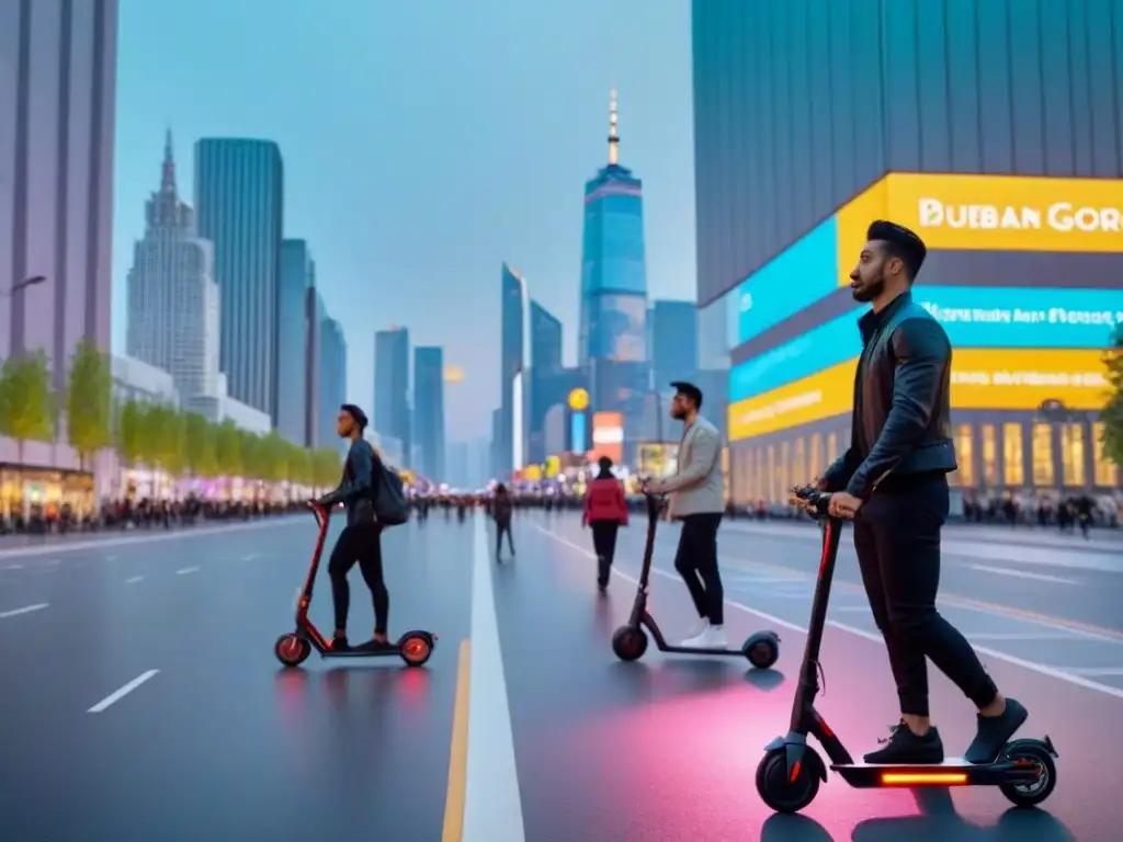 Metrópolis futurista: armonía urbana y sostenibilidad La ciudad moderna al anochecer, llena de luces y movimiento