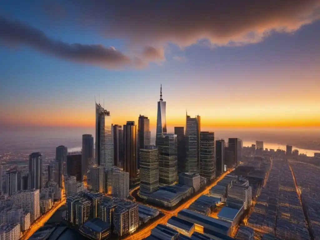 Horizonte urbano dorado: crecimiento financiero en la ciudad Una ciudad moderna con rascacielos reflejando un atardecer dorado, simbolizando crecimiento financiero y la inversión inmobiliaria en un entorno urbano vibrante